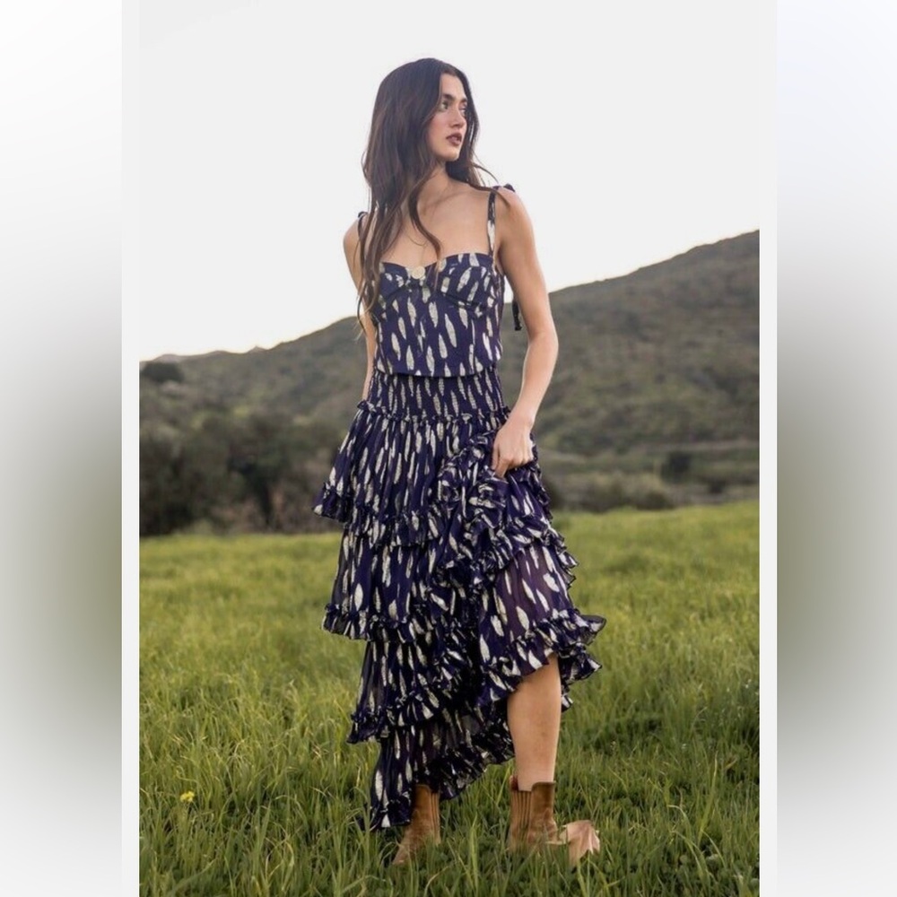 NEW Free People Jen's Pirate Booty Navy Blue /Gold Solar Maxi Set XS $365